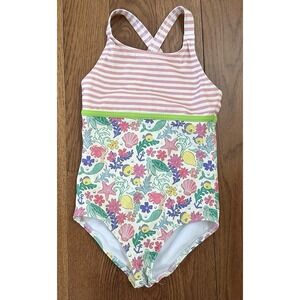 Mini Boden Girls 4-5Y One Piece Swimsuit Mermaid Sea Life Turtles Pink Stripe